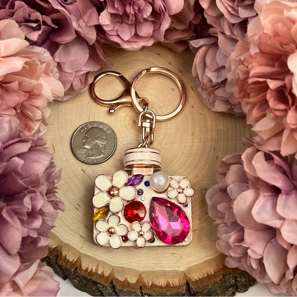 Pink Crystal Flower Perfume Bottle Keychain Charm - Picture 15 of 16